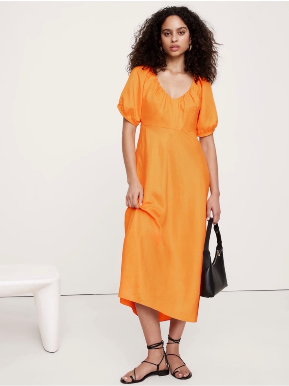 Banana Republic Orange Puff-Sleeve Midi Dress